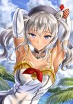  adapted_costume alternate_costume anchor_choker armpits arms_behind_head beret blue_eyes choker cloud cloudy_sky collarbone day elbow_gloves gloves hat kantai_collection kashima_(kantai_collection) kasugano_tobari long_hair looking_at_viewer silver_hair sky smile solo tan tanline white_gloves 