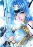  blue_eyes blue_hair breasts gloves gun kos-mos large_breasts lens_flare lips long_hair profile underboob weapon xenosaga_episode_iii 