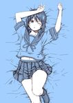  arms_up bangs blue blue_background commentary_request fubuki_(kantai_collection) hair_between_eyes kantai_collection knee_up kouji_(campus_life) looking_at_viewer low_ponytail lying monochrome navel on_back on_bed one_eye_closed panties pleated_skirt school_uniform serafuku short_hair short_ponytail short_sleeves sketch skirt socks solo underwear 