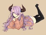  alternate_costume ass beige_background black_legwear blue_eyes braid breasts closed_mouth demon_horns draph full_body granblue_fantasy hair_ornament hair_over_one_eye head_rest horns large_breasts lavender_hair long_hair long_sleeves looking_at_viewer lying narmaya_(granblue_fantasy) no_pants no_shoes on_stomach panties pink_lips pointy_ears purple_hair ribbed_sweater simple_background smile solo sweater the_pose thighhighs underwear white_panties yoshiharuman 