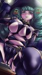  black_gloves blurry blush breasts cameltoe checkered checkered_clothing covered_nipples daiwa_(daicon) depth_of_field drill_hair elbow_gloves fiore_brunelli gloves green_hair green_lipstick hair_ornament hat highres large_breasts lipstick long_hair looking_at_viewer makeup partially_visible_vulva revealing_clothes skindentation smile solo squatting star_ocean star_ocean_integrity_and_faithlessness twin_drills witch_hat yellow_eyes 