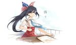  american_flag american_flag_print apron blue_eyes blue_neckwear bow flag_print hair_bow highres kantai_collection multicolored_bow necktie original ponytail print_bow quill railing simple_background solo star star_print table upper_body uss_missouri_(bb-63) white_background yorktown_cv-5 