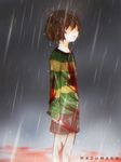  artist_name blood bloody_clothes bloody_knife bloody_weapon brown_hair chara_(undertale) dagger highres knife mazumaro no_eyes open_mouth rain shaded_face shorts solo spoilers standing standing_in_rain striped striped_sweater sweater undertale weapon 