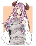  alternate_costume blue_eyes braid breasts cardigan cowboy_shot demon_horns draph granblue_fantasy hair_ornament hair_over_one_eye hairclip horns jacket_on_shoulders large_breasts lavender_hair long_hair long_sleeves looking_away looking_to_the_side narmaya_(granblue_fantasy) pants parted_lips pointy_ears pom_pom_(clothes) purple_hair smile solo sweater yoshiharuman 