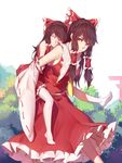  ^_^ arch armpits backpack bag bare_shoulders blush bow breasts brown_hair carrying closed_eyes closed_mouth commentary_request day detached_sleeves hair_bow hair_tubes hakurei_reimu highres long_hair long_legs long_skirt long_sleeves look-alike medium_breasts mother_and_daughter multiple_girls nian no_shoes outdoors person_carrying piggyback plant red_ribbon red_skirt ribbon ribbon-trimmed_sleeves ribbon_trim sendai_hakurei_no_miko sidelocks simple_background skirt sleeping smile thighhighs torii touhou tree vest visible_ears walking white_background yellow_eyes younger zettai_ryouiki 