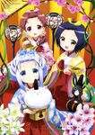  3girls absurdres animal_print anko_(gochiusa) april blue_eyes blue_hair blue_ribbon bunny bunny_print calendar_(medium) cherry_blossoms chimame-tai drum drumsticks floral_print flower gochuumon_wa_usagi_desu_ka? hair_flower hair_ornament highres hinamatsuri instrument japanese_clothes jouga_maya kafuu_chino kettle kimono light_blue_hair march miko multiple_girls natsu_megumi pink_ribbon red_eyes red_hair ribbon sadakata_kikuko short_hair tippy_(gochiusa) twintails x_hair_ornament yellow_eyes yellow_ribbon 