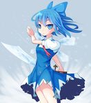  blue_eyes blue_hair bow cirno cowboy_shot crystal_sword dress hair_bow ice ice_wings looking_at_viewer neck_ribbon open_mouth ribbon sansai_(age3joe) scimitar short_hair snow solo sword torn_clothes touhou weapon wind wings 