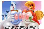  anthro areola avian bbd beak breasts clothing cow_print cowbell digital_media_(artwork) duo female female/female ho-oh lactating legendary_pok&eacute;mon legwear looking_at_viewer lugia milk nintendo nipples pok&eacute;mon pok&eacute;mon_(species) pussy thick_thighs thigh_highs video_games 