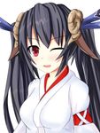 black_hair blush hair_ornament horns japanese_clothes long_hair looking_at_viewer miko neptune_(series) noire one_eye_closed open_mouth red_eyes ribbon sarvuant sheep_horns smile solo twintails upper_body 