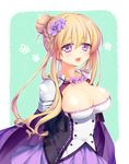  aqua_background areola_slip areolae blonde_hair braid breasts cape cleavage cowboy_shot flower flower_knight_girl french_braid hair_bun hair_flower hair_ornament highres ho-cki impossible_clothes large_breasts looking_at_viewer object_namesake purple_eyes purple_skirt saintpaulia_(flower_knight_girl) short_hair shoulder_pads sidelocks skirt smile solo violet_(flower) 