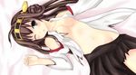  ahoge bare_shoulders brown_hair detached_sleeves double_bun hairband headgear it's_ok_to_touch japanese_clothes kantai_collection kongou_(kantai_collection) navel nontraditional_miko ribbon-trimmed_sleeves ribbon_trim sarvuant solo undressing 