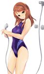  backless_outfit bangs bare_arms bare_legs bare_shoulders blue_swimsuit brown_hair clothes_writing collarbone competition_swimsuit eyebrows eyebrows_visible_through_hair eyelashes groin head_tilt holding hose houjou_karen idolmaster idolmaster_cinderella_girls lips long_hair one-piece_swimsuit sawa_(sawa-house) shower_head sidelocks simple_background skin_tight smile solo standing swept_bangs swimsuit thighs tsurime white_background yellow_eyes 