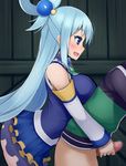  1girl :d alfort_(may0508) aqua_(konosuba) blue_eyes blue_hair blush bottomless breast_press breasts censored from_side handjob hetero jacket kono_subarashii_sekai_ni_shukufuku_wo! large_breasts long_hair mosaic_censoring no_panties open_mouth penis profile reach-around satou_kazuma smile sweatdrop track_jacket 