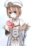  bare_shoulders blanc blancpig_yryr blue_eyes blush box brown_hair fur_trim gift gift_box hat heart heart-shaped_box highres holding holding_gift looking_at_viewer neptune_(series) open_mouth ribbon short_hair solo valentine 