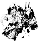  amputee arm_cannon beret cannon cuffs deel_(rkeg) destroyer_hime floating gloves greyscale hat hips horns kantai_collection long_hair midriff monochrome navel school_uniform shackles shinkaisei-kan side_ponytail skirt sleeveless solo teeth weapon 
