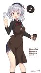  alternate_costume apron beret black_blouse blouse blue_eyes breasts brown_legwear character_name check_commentary coffee_cup commentary_request cup disposable_cup eighth_note employee_uniform hat highres holding holding_cup kantai_collection kashima_(kantai_collection) kneehighs kuro_chairo_no_neko large_breasts lawson long_hair long_sleeves looking_at_viewer miniskirt musical_note name_tag open_mouth pleated_skirt price_tag salute sidelocks silver_hair simple_background skirt solo spoken_musical_note tsurime twintails twitter_username uniform wavy_hair white_background 