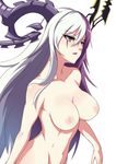  absurdres bad_id bad_pixiv_id breasts collarbone facial_mark hel_(p&amp;d) highres horns large_breasts long_hair multicolored_hair navel nipples nude open_mouth purple_hair puzzle_&amp;_dragons simple_background solo two-tone_hair upper_body white_background white_hair yellow_eyes zeroshiki_kouichi 
