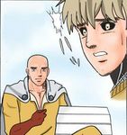  bench cape genos gloves kuso_miso_technique lowres multiple_boys one-punch_man parody saitama_(one-punch_man) style_parody yaranaika 