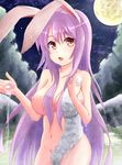  animal_ears breasts bunny_ears collarbone full_moon groin highres kaden large_breasts lavender_hair long_hair looking_at_viewer moon navel night night_sky nipples nude onsen open_mouth red_eyes reisen_udongein_inaba sky solo star_(sky) starry_sky touhou very_long_hair water 