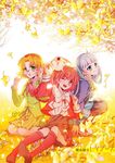  autumn autumn_leaves blonde_hair blue_eyes blue_hair blue_hairband braid chobi_(chobi69) copyright_name glasses green_eyes hairband headband hime_cut hououji_fuu long_hair magic_knight_rayearth mokona multiple_girls red_eyes red_hair red_hairband ribbon ryuuzaki_umi school_uniform shidou_hikaru short_hair 