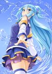  aqua_(konosuba) ass blue_eyes blue_hair blush commentary_request cowboy_shot detached_sleeves from_behind hair_ornament kono_subarashii_sekai_ni_shukufuku_wo! long_hair looking_at_viewer looking_back miri_(ago550421) no_panties skirt smile solo thighhighs water white_legwear 