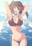  ;d armpits arms_up bangs bikini blush breasts brown_bikini brown_eyes brown_hair cleavage commentary_request elbow_gloves gloves groin kantai_collection large_breasts looking_at_viewer one_eye_closed open_mouth remodel_(kantai_collection) saisarisu scarf sendai_(kantai_collection) short_hair smile solo swimsuit two_side_up white_scarf 