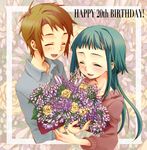  1girl bangs blunt_bangs bouquet brown_hair casual closed_eyes flower frame hair_down happy happy_birthday holding laughing lily_(flower) long_hair long_sleeves my-hime okuzaki_akira parted_bangs rose sidelocks smile tada_(pixiv2325397) tokiha_takumi yellow_flower yellow_rose zoom_layer 