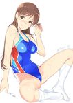  brown_eyes brown_hair competition_swimsuit idolmaster idolmaster_cinderella_girls idolmaster_cinderella_girls_starlight_stage long_hair mibu_natsuki nitta_minami one-piece_swimsuit sitting socks solo spread_legs swimsuit wet 