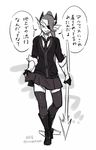  artist_name blush boots commentary cosplay eyepatch fang fingerless_gloves fins fish_girl gloves kantai_collection ko-on_(ningen_zoo) long_hair monochrome monster_girl necktie polearm ponytail skirt skirt_hold sleeves_rolled_up solo spear tenryuu_(kantai_collection) tenryuu_(kantai_collection)_(cosplay) thighhighs translated twitter_username undertale undyne weapon 