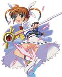  black_gloves blue_eyes boots brown_hair crotch_seam dress fingerless_gloves gloves hair_ribbon holding lace lace-trimmed_panties looking_at_viewer looking_back lyrical_nanoha mahou_shoujo_lyrical_nanoha miyajima_hitoshi open_mouth panties pantyshot pink_panties raising_heart ribbon short_hair short_twintails smile solo standing takamachi_nanoha twintails underwear upskirt white_dress 