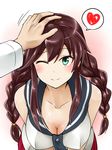  1girl admiral_(kantai_collection) braid breasts brown_hair cleavage gloves green_eyes hand_on_another's_head heart highres kamelie kantai_collection large_breasts long_hair military military_uniform naval_uniform necktie noshiro_(kantai_collection) out_of_frame petting pleated_skirt school_uniform serafuku skirt twin_braids uniform 