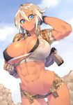 23_(real_xxiii) :&lt; abs blonde_hair blue_eyes breasts camouflage camouflage_shorts cloud covered_nipples dark-skinned_girl_(23) day dog_tags fingerless_gloves gloves gun handgun highres holster large_breasts muscle navel original pistol puffy_nipples short_hair shorts sky solo sweat sweatdrop walther walther_p99 weapon zipper 