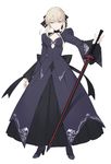  artoria_pendragon_(all) blonde_hair boots breasts choker dark_excalibur dress fate/stay_night fate_(series) full_body hayashi_kewi looking_at_viewer parted_lips saber_alter simple_background small_breasts solo standing sword weapon white_background yellow_eyes 
