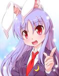  :d animal_ears bangs blazer blouse bunny_ears collared_shirt crescent eyes_visible_through_hair index_finger_raised jacket lapel_pin lavender_hair light_particles long_hair long_sleeves looking_at_viewer necktie nijiberu open_mouth purple_hair red_eyes red_neckwear reisen_udongein_inaba shirt smile solo touhou upper_body white_shirt 