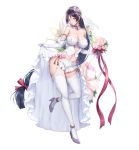  1girl anklet armlet bangs bare_shoulders blush bouquet breasts bridal_veil cleavage crystal detached_collar elbow_gloves erect_nipples fate/grand_order fate_(series) flower full_body garter_straps gloves hair_flower hair_ornament high_heels jewelry large_breasts long_hair looking_at_viewer low-tied_long_hair midriff minamoto_no_raikou_(fate/grand_order) miniskirt navel parted_bangs pink_flower pink_rose purple_eyes purple_flower purple_footwear purple_hair purple_rose rose sayika skirt solo thighhighs veil very_long_hair white_flower white_gloves white_rose white_skirt 