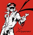  bandana bone cabbie_hat copyright_name hat jumpsuit limited_palette male_focus popped_collar red_background simple_background smile solo supako_(suuuu_pa) takada_gan time_bokan_(series) yatterman 