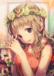  :d bad_id bad_pixiv_id blurry blush brown_hair bug butterfly depth_of_field eyebrows fairy_wings flower_bracelet from_side head_tilt head_wreath highres idolmaster idolmaster_million_live! insect interlocked_fingers long_hair looking_at_viewer miyao_miya narumi_arata open_mouth purple_eyes short_eyebrows sleeveless smile solo upper_body window wings 