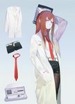  arm_up bad_id bad_pixiv_id bangs belt black_legwear black_shorts brown_hair clipboard closed_mouth collared_shirt dress_shirt frown gradient gradient_background hand_in_pocket highres hoshimawa labcoat legwear_under_shorts long_hair long_sleeves looking_at_viewer makise_kurisu necktie pantyhose pantyhose_under_shorts purple_eyes red_neckwear shirt shorts solo steins;gate white_shirt 