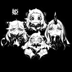  airfield_hime bohemian_rhapsody collar commentary covered_mouth crossed_arms deel_(rkeg) english_commentary greyscale hidden_mouth horn horns kantai_collection looking_at_viewer midway_hime monochrome multiple_girls no_eyebrows northern_ocean_hime parody queen_(band) seaport_hime shinkaisei-kan spiked_collar spikes translated wavy_hair 
