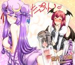  ass bent_over between_legs black_hair blue_eyes blush bottomless breasts capsule covering_nipples crescent crescent_hair_ornament cuffs dress dress_lift dress_pull ebiten_g-san from_side full-face_blush hair_ornament hakurei_reimu hand_between_legs head_wings heart in_container koakuma large_breasts long_hair looking_at_another looking_at_viewer looking_to_the_side multiple_girls no_panties orange_eyes panties panties_removed patchouli_knowledge pointy_ears purple_dress purple_hair purple_panties red_hair reflection sideboob sitting smile suggestive_fluid tears test_tube touhou underwear very_long_hair 