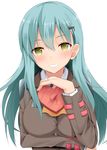  aqua_hair box gift green_eyes grin hair_ornament hairclip heart-shaped_box kantai_collection long_hair school_uniform smile solo suzuya_(kantai_collection) takeyuu valentine 