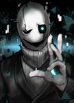  ;d absurdres chromatic_aberration crack evil_smile formal glitch glowing glowing_eye goblina highres hole male_focus one_eye_closed open_mouth ribbed_sweater smile solo suit sweater turtleneck undertale upper_body w.d._gaster 