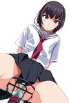  black_eyes black_hair blush cowboy_shot eyebrows_visible_through_hair highres looking_at_viewer matsunaga_kouyou original panties pantyshot pantyshot_(sitting) pleated_skirt school_uniform serafuku sitting skindentation skirt smile solo thighs underwear upskirt 