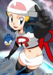 1girl blue_eyes blue_hair female hainchu happy hikari_(pokemon) loli looking_at_viewer navel nintendo piplup pokemon smile solo team_rocket_(cosplay) 