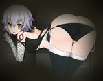  1girl against_wall artist_request ass assassin_of_black bandage bare_shoulders butt_crack fate/apocrypha fate/grand_order fate_(series) from_behind leaning leaning_forward looking_at_viewer midriff panties scar short_hair silver_hair solo thighhighs underwear yellow_eyes 