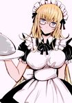  alternate_costume amami_reiko apron bespectacled blonde_hair blue_eyes breasts commentary_request enmaided glasses gunslinger_stratos head_tilt large_breasts long_hair looking_at_viewer maid maid_apron maid_headdress olga_janetine short_sleeves solo tray 