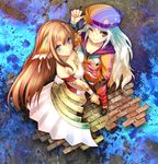  absurdres aqua_eyes ar_nosurge brown_hair casty_rianoit from_above hat highres holding_hands ionasal_kkll_preciel long_hair long_sleeves looking_at_viewer multiple_girls official_art one_eye_closed red_eyes smile surge_concerto white_hair 