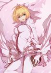 :d ahoge alternate_costume belt blonde_hair blush bodysuit breasts buckle chocolate chocolate_heart commentary_request cowboy_shot fate/extra fate/extra_ccc fate_(series) gloves green_eyes hair_intakes heart looking_at_viewer lying medium_breasts nero_claudius_(bride)_(fate) nero_claudius_(fate)_(all) on_back open_mouth saisarisu smile solo veil white_bodysuit white_gloves 