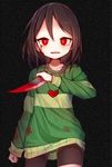  androgynous bike_shorts blood blood_on_face bloody_clothes bloody_knife bloody_weapon blush brown_hair chara_(undertale) collarbone cowboy_shot dagger darnell evil_smile fang heart heart_necklace highres holding holding_weapon jewelry knife necklace open_mouth pendant red_eyes reverse_grip shorts smile solo spoilers static striped striped_sweater sweater undertale weapon 