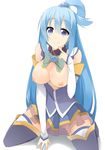  aqua_(konosuba) bare_shoulders blue_eyes blue_hair blush breasts breasts_outside commentary_request detached_sleeves hair_ornament hair_rings kono_subarashii_sekai_ni_shukufuku_wo! large_breasts long_hair nipples no_bra sasakura skirt smile solo thighhighs very_long_hair 